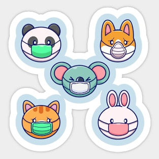 Cute Animals Wearing Mask Cartoon Sticker